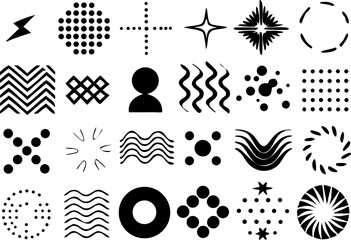 Black and white abstract vector icon set featuring diagonal lines, halftone dots, and wavy textures. Great for design overlays, motion graphics, and digital posters.