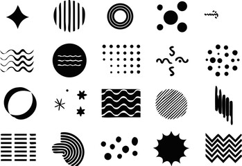Clean black and white abstract shape set with circles, dashed lines, dots, and minimalist textures. Ideal for modern interface design, tech prints, or pattern fills.
