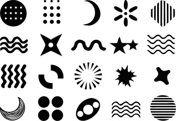 Black and white abstract icon set featuring moon, stars, waves, and geometric forms. Suitable for astrology, tech backgrounds, and minimalist design elements.
