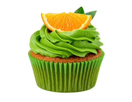 A cupcake with green frosting topped by an orange slice and green leaves in a matching green wrapper.