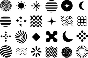 Monochrome abstract vector elements including stars, circles, wavy lines, and bold shapes. Ideal for digital design, textures, and modern backgrounds.