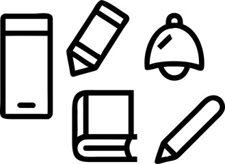 Black line art vector set of school and office supplies including pencil, notebook, and bell. Ideal for minimalist icons, print, or education design.