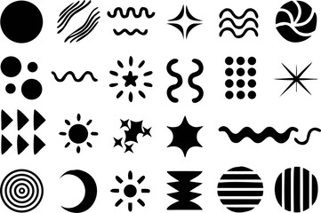Modern geometric and abstract icon set including stars, wavy lines, dots, and circular shapes. Useful for web design, UI/UX, and branding decoration.