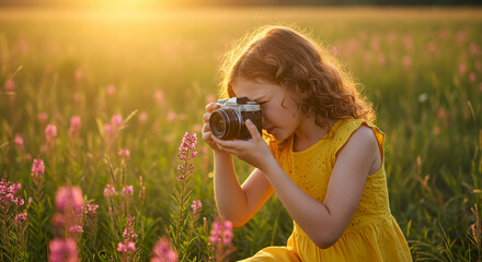 Young girl photographing flowers in sunset-lit meadow  