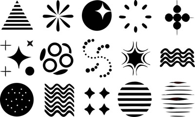 Monochrome abstract shapes including circles, stars, swirls, and lines. Ideal for abstract design, logos, or visual accents in print and digital projects.
