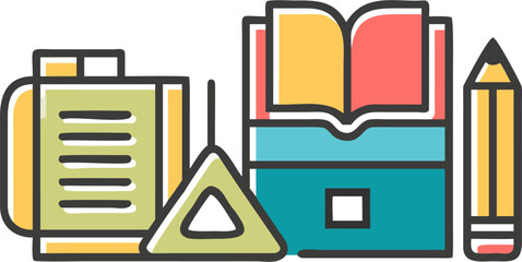 Colorful flat education icon set featuring books, folders, rulers, and triangles. Perfect for school, university, or online learning platforms.