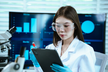 A female scientist works in a sterile laboratory environment, conducting research and experiments with a microscope and test tubes, focused on innovation, precision, medical discovery, and biotechnolo