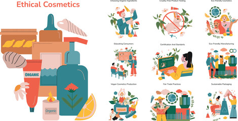 Ethical Cosmetics concept. Sustainable beauty practices from organic ingredients to eco-friendly packaging. 
Vegan production, cruel-free testing, educating consumers. Vector illustration.