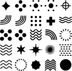 Black geometric and abstract vector elements in minimal style. Includes stars, waves, crosses, circles, and lines. Ideal for UI, logos, web, or digital decoration.