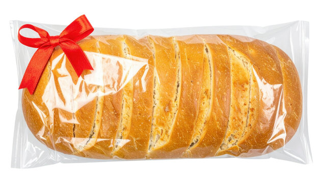 A loaf of sliced bread wrapped in plastic packaging and adorned with a red ribbon bow.