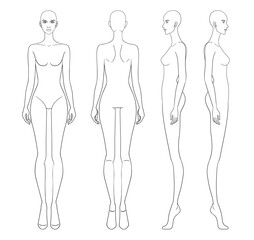 Fashion outline sketch croquis figurines front side back view with bald woman in vector.