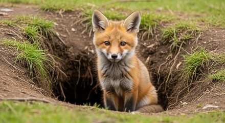 Naklejka premium Portrait of cute baby fox looking out from burrow wildlife animal photography