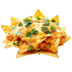 Delicious cheesy nachos topped with fresh cilantro and green peppers isolated on transparent background