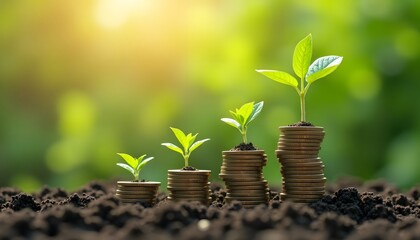 Four coin stacks ascending in height each supporting a small green plant set against a soft blurred natural background