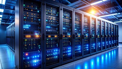 Modern Data Center Rack Servers with Bright LED Lights and Server Room