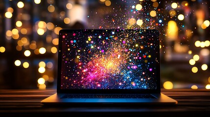 laptop screen displaying galaxy scene with colorful bokeh lights in background
