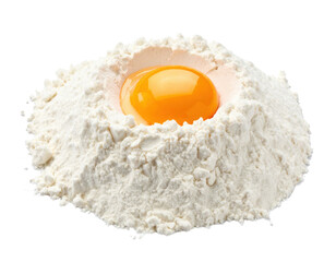 A raw egg yolk nestled in a mound of white flour, ready for mixing or baking.
