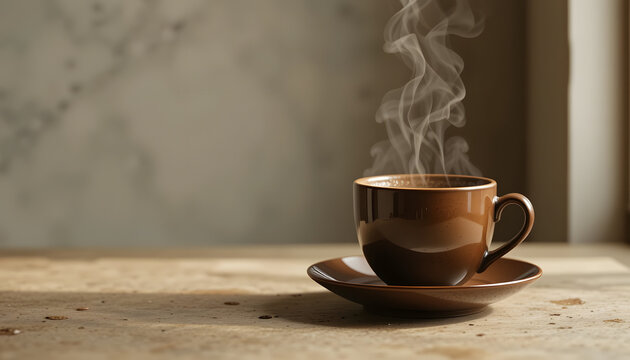 Hot coffee in brown cup with steam rising, placed on rustic table in warm morning light - Powered by Adobe