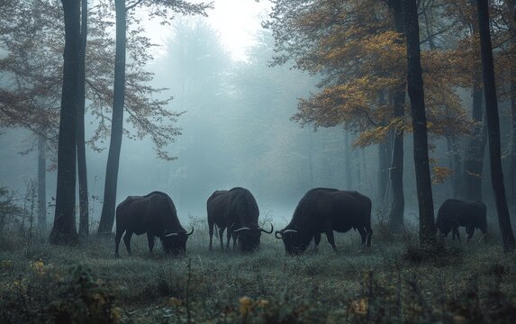 A herd of majestic Aurochs, the prehistoric ancestors of modern cattle, graze peacefully in the misty, golden-tinged forest