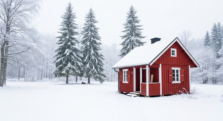 Red cabin in a snowy winter wonderland a cozy retreat in the winter landscape
