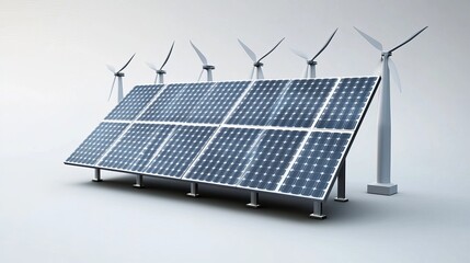 A 3D rendering showcases a sustainable energy setup solar panels and wind turbines, symbolizing clean energy solutions