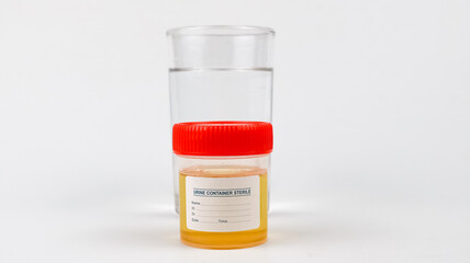 Glass of water and a urine sample container on a white background.
