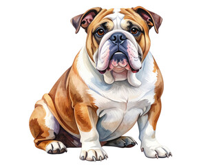 Watercolor Bulldog Sitting Calmly with Soft Fur Texture and Expressive Eyes, Artistic PNG