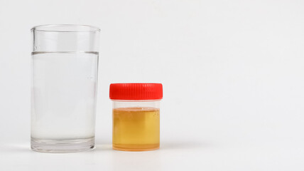 Glass of water and a urine sample container on a white background.