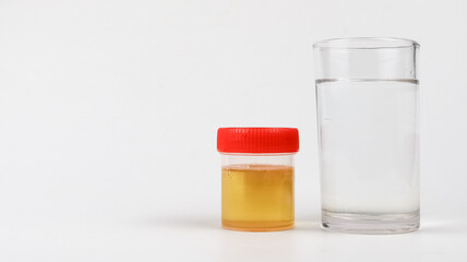 Glass of water and a urine sample container on a white background.