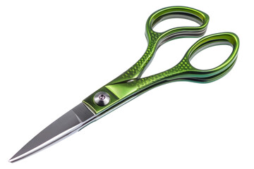 School scissors open, green handle isolated on white, transparent PNG