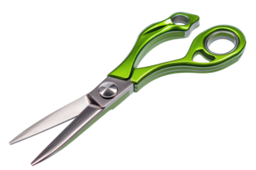 School scissors open, green handle isolated on white, transparent PNG