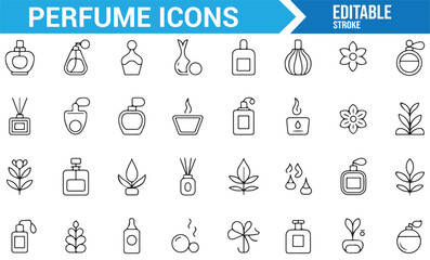 Set of Beauty Icons for Perfume Bottles, Scented Flowers, and Aromatherapy