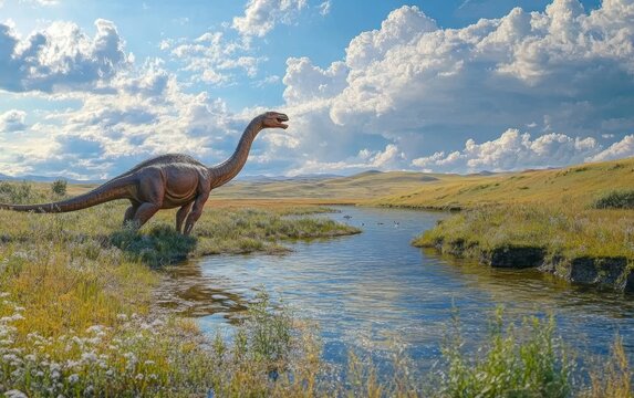 A towering Deinocheirus dinosaur stands vigilant in a vast, grassy plain, its sheer size and intimidating appearance commanding attention against the sweeping, scenic backdrop