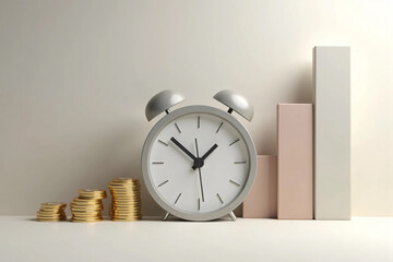 Modern clock, rising bar chart, and gold coins representing time management, financial growth, smart investment, and economic success in a clean background