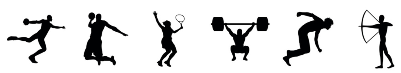 Silhouette illustrations showing people doing various exercises like weightlifting and jump rope training exercises |eps vectors set, vector illustration