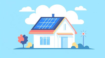 A charming house equipped with solar panels sits on a grassy area under a partly cloudy sky, showcasing sustainable living