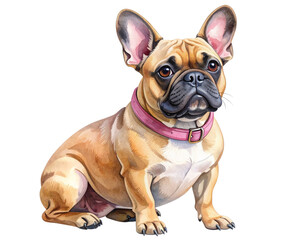 Fototapeta premium Watercolor French Bulldog Portrait with Pink Collar and Soft Brush Texture, Transparent Background PNG