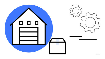 Warehouse with box and gears symbolizing storage, logistics, and process automation. Ideal for e-commerce, inventory, shipping, manufacturing, technology, logistics strategy simple landing page