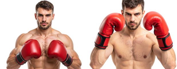 Muscular Male Boxer in Red Gloves Ready to Fight with Focused Expression, Isolated on Transparent Background PNG