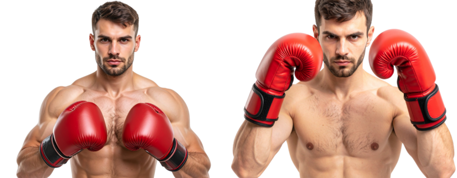  Muscular Male Boxer in Red Gloves Ready to Fight with Focused Expression, Isolated on Transparent Background PNG