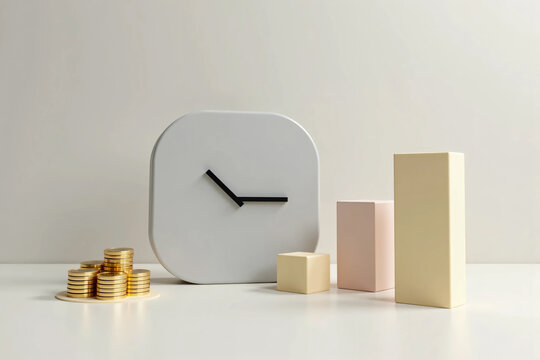 Modern clock, rising bar chart, and gold coins representing time management, financial growth, smart investment, and economic success in a clean background