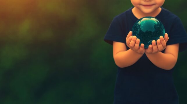 Child holds a small green globe in hands with a warm background glow