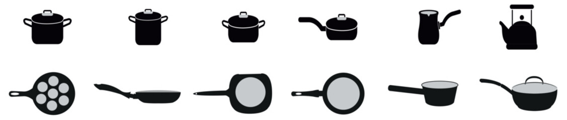 Set of kitchen utensils. pots and pans, A versatile vector silhouette set featuring cooking utensils, teapot, crossed, pot, and wine bottle. Ideal for kitchen-themed designs.
vector illustration