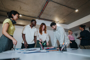 Team-building and brainstorming session featuring people engaged in a creative and productive...
