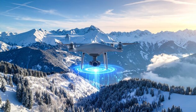 Modern drone performing aerial surveys over snow-capped mountains, showcasing innovative technology for remote data collection and environmental mapping in winter landscapes.