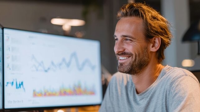 Smiling executive man analyzing data on screen, relaxed workspace