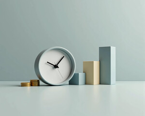 Modern clock, rising bar chart, and gold coins representing time management, financial growth, smart investment, and economic success in a clean background