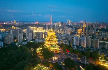 Fototapeta premium Night aerial photography of Hong'en Temple Park in Chongqing, China