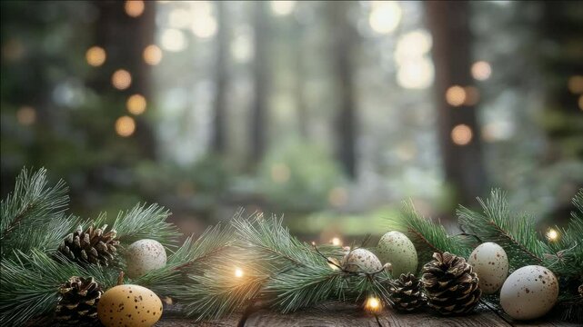 Forest setting with pine needles, Christmas eggs and lights
