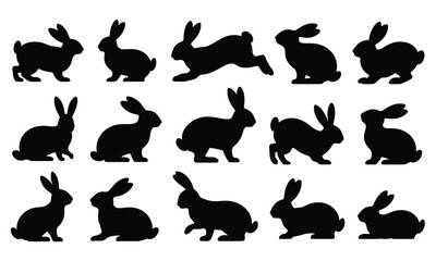 A collection of black silhouette illustrations of rabbits